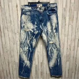 Akoo Empire Brand 40x33 Blue Acid Washed Paint Splatter Men's Baggy Jeans